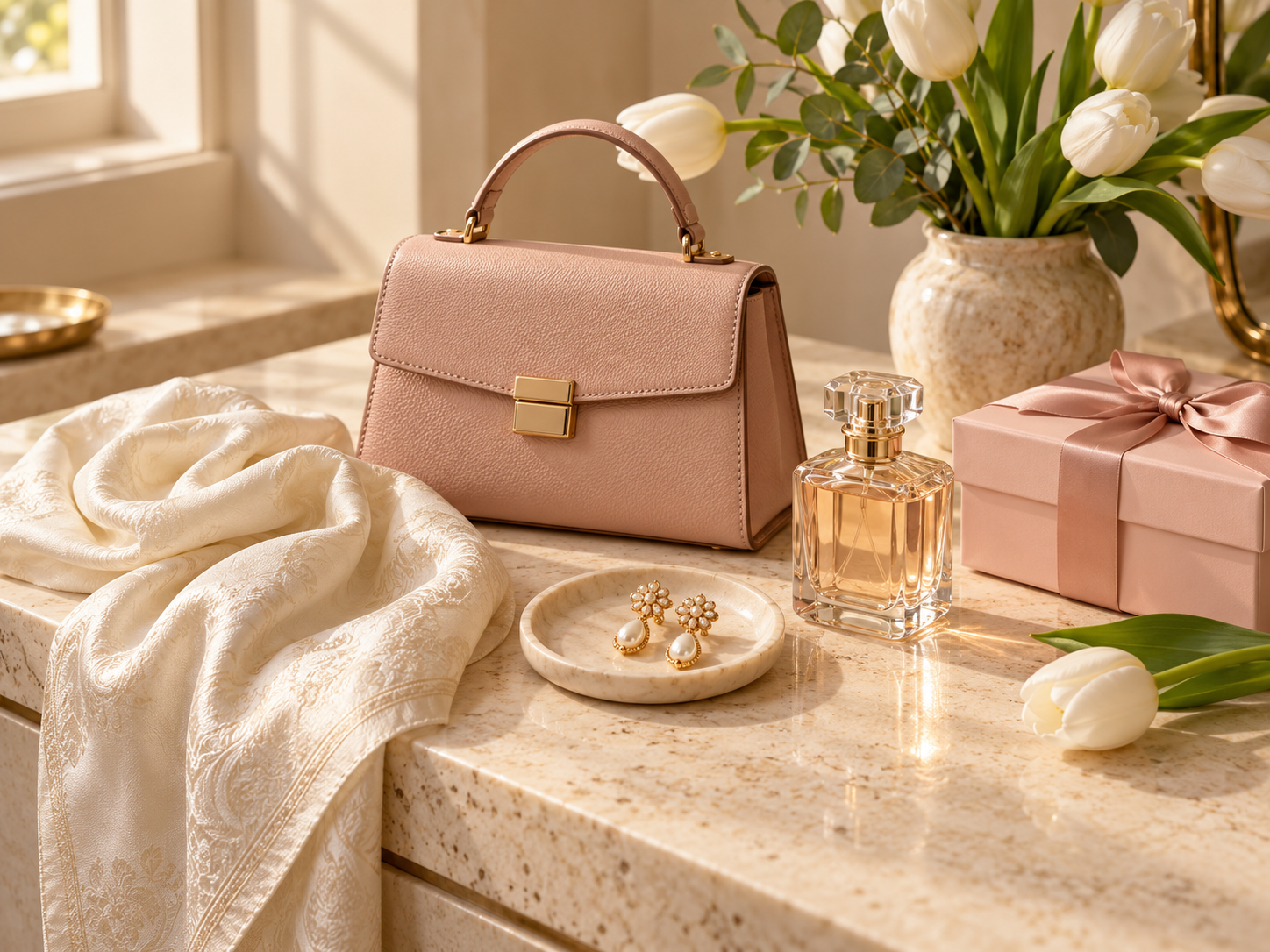 A considered still life of a handbag, silk scarf, gold earrings, perfume and tulips.